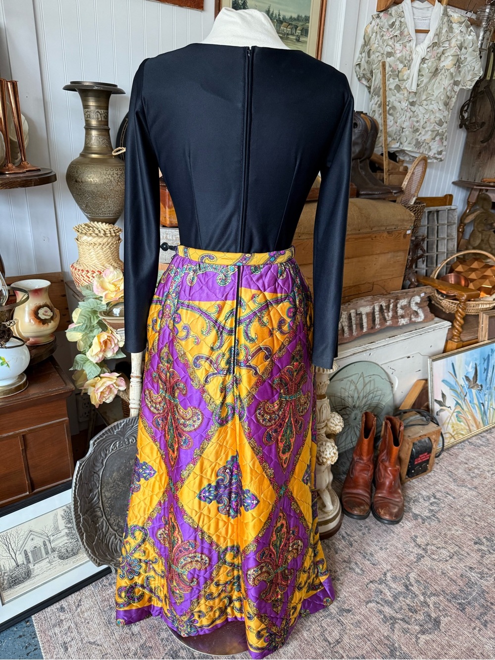 1960s Yellow & Purple Paisley Quilted Maxi Dress with Tie - Picture 2 of 6